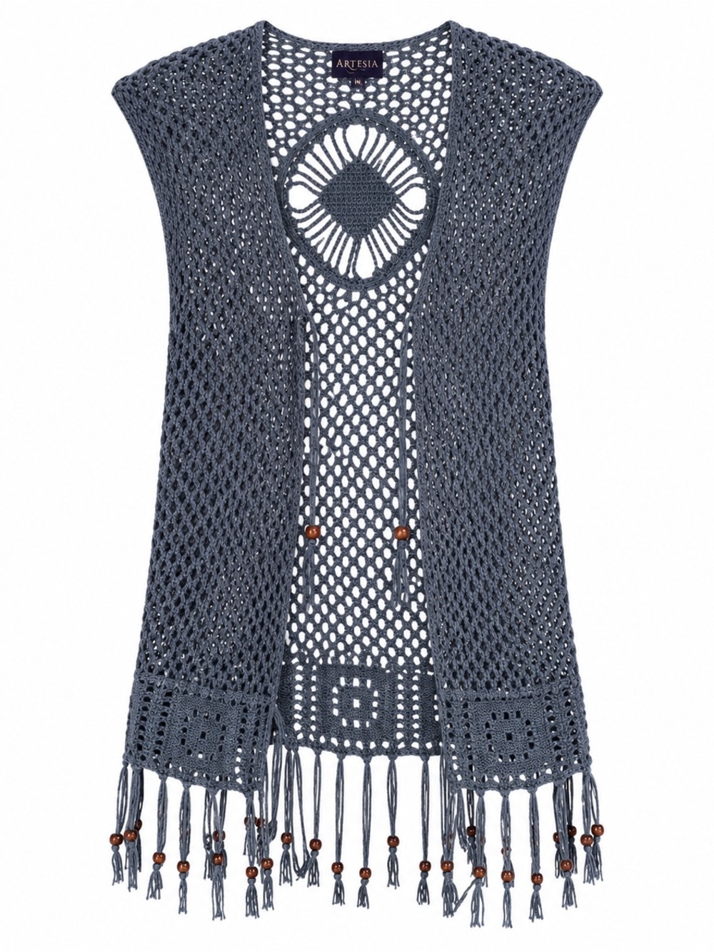 Open Crochet Fringe Vest in Slate Blue